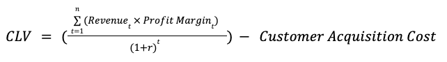 CLV = (t=1n(Revenuet Profit Margint)(1+r)t)- Customer Acquisition Cost